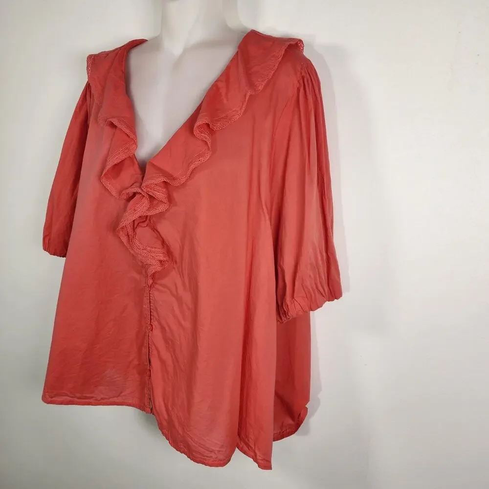 Old Navy Womens Ruffle Collar Button Top Cactus Bloom XXL Short Bubble Sleeve